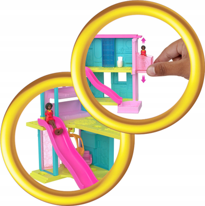 Set lojërash Barbie Mini BarbieLand Dreamhouse, shtëpi ëndrrash me ashensor dhe pishinë, kukull me fustan portokalli