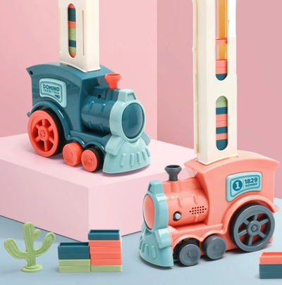 Lodër tren Domino, automatike me 60 domino, me muzikë, blu