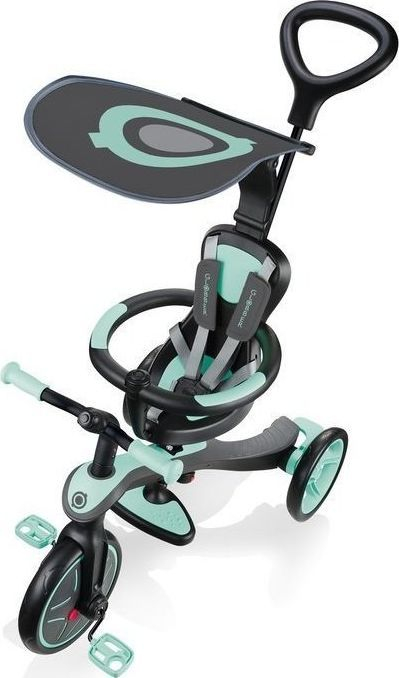 Tricikël për kalamaj Globber Explorer 4‑në‑1, me mbështetëse koke, me çati kundra rrezeve UV, ngjyrë mint jeshile