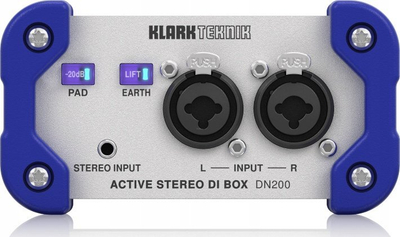 DI Box aktiv Klark Teknik DN200 V2, stereo, hyrje combo XLR 1/4", gri me blu