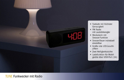 Radio-orë me zile TFA Tune 60.2546.01, dixhitale, me radio FM, e zezë