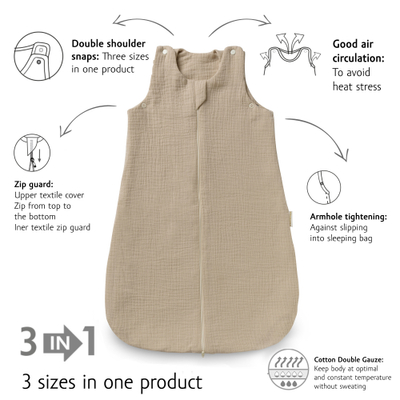 Vreçë gjumi për bebe Kenguru Gold, muslin pambuku, TOG 1, hazelnut