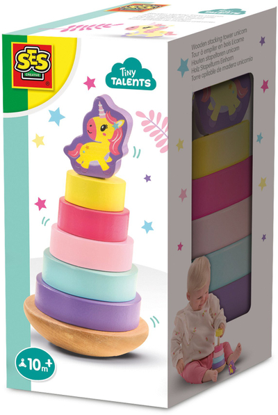 Lodër druri piramidë SES Tiny Talents Unicorn, 5 unaza, 10m+, shumëngjyrëshe