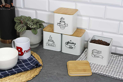 Set enësh kuzhine Brunbeste 4264, çelik karboni, me kapak bambuje, 11.5 x 11.5 x 12 cm, ngjyrë neutrale