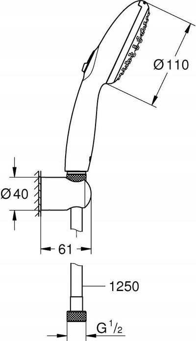 Set dushi Grohe Tempesta, me 2 rryma uji, gyp 125 cm, i zi mat
