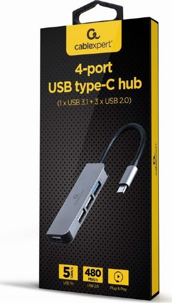 USB Hub Gembird USB-C me 3 porte USB, i argjendtë