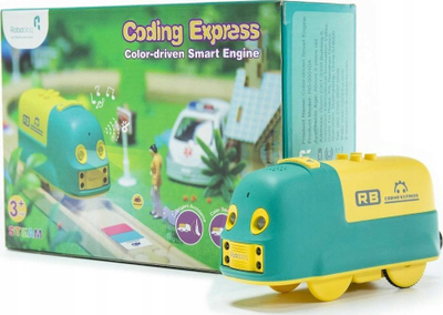 Lodër trenash Robobloq Coding Express, tren i zgjuar me shina druri, jeshile me të verdhë