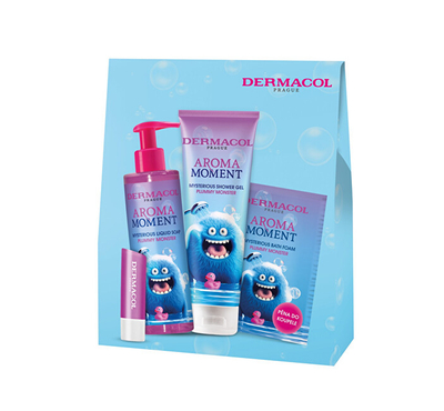 Set për fëmijë Dermacol Aroma Moment Plummy Monster Gift Set, xhel dushi 250 ml + sapun i lëngshëm 250 ml + shkumë për vaskë 15 ml + balsam për buzë 4.8 g