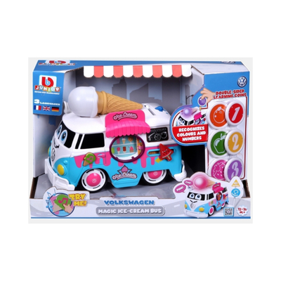 Lodër furgon akullore BB Junior Volkswagen Magic Ice Cream Bus, me drita edhe tinguj, për mësim edhe lojë, plot me ngjyra