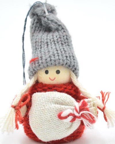 Varëse dekorative Krishtlindjesh Saska Christmas Hanging Doll, kukull me zile, druri dhe tekstil, e kuqe gri