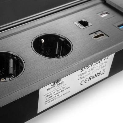 Prizë tavoline Spacetronik SPS-F26B V2, 2x230V, me porta USB dhe HDMI, e zezë