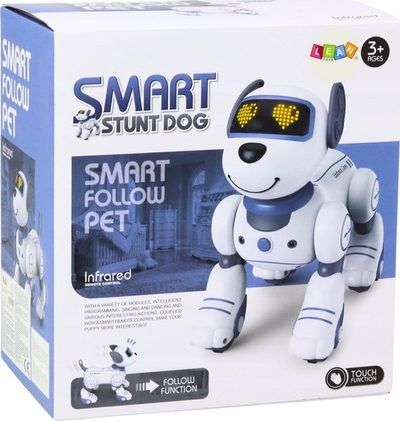 Lodër qen robot Smart Stunt Dog, me telekomandë, interaktiv, i bardhë blu