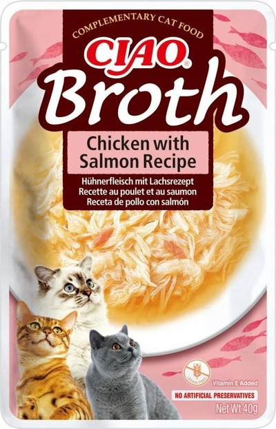 Supë për mace Churu Broth, pulë edhe salmon, pa drithëra