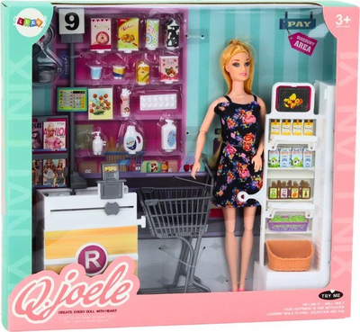 Set lojrash me role LEAN Toys In the Supermarket, kukull me gjëra supermarket, për kalamaj 3+