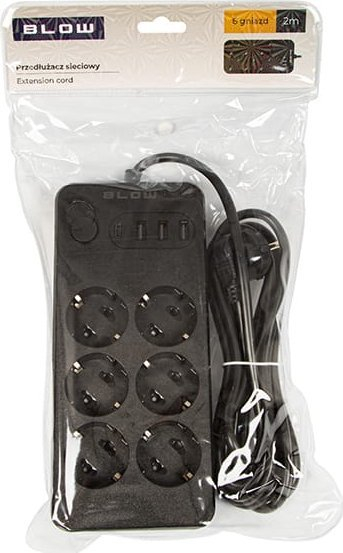 Prizë zgjatuese Blow PS-620, 6 dalje, 3x USB 1x USB-C, 2 m, e zezë