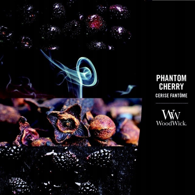 Миризлива свеќа WoodWick Phantom Cherry, 180 часа, hourglass, мирис на црна вишна