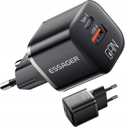 Karikues muri Essager GaN, 20W, USB-C PD dhe USB-A QC3.0, i zi