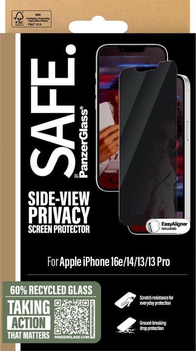 Заштитно стакло SAFE by PanzerGlass за iPhone 16e 14 13 13 Pro, Side View Privacy, проѕирно