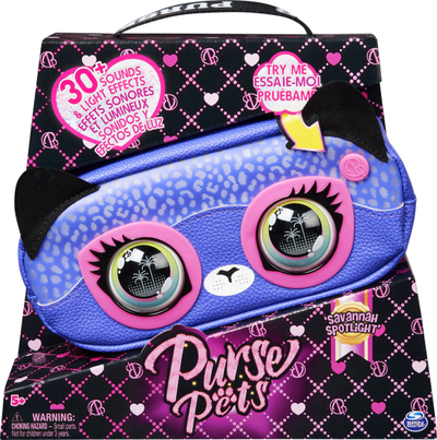 Çantë interaktive për fëmijë Purse Pets Savannah Spotlight, 30 efekte drite dhe tinguj, crossbody, shumëngjyrëshe