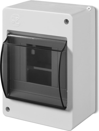 Kuti shpërndarëse modulare Elektro-Plast MINI S-4, 1x4 module, montim sipërfaqësor, kapak me ngjyrë tymi