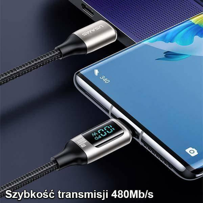 Kabllo karikimi Usams U78 USB-C në USB-C, 1.2m, 100W, me LED, e bardhë