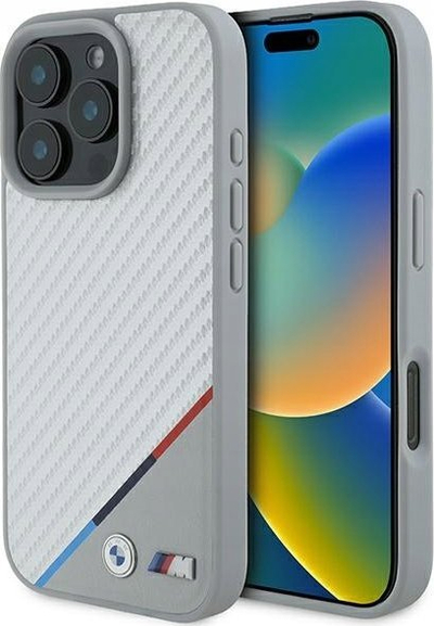 Mbështjellës telefoni BMW M Tricolor Line, MagSafe, për iPhone 16 Pro 6.3", gri