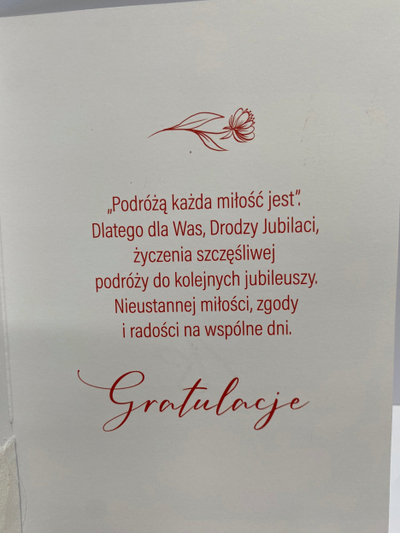 Kartolinë urimi për 40 vjet martesë, jubile rubini, me zarf, e bardhë me të kuqe