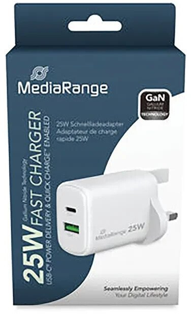 Karikues muri MediaRange GaN, 25W, 1x USB‑C, 1x USB‑A, i bardhë