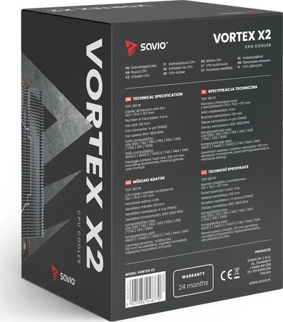 Ftohës CPU Savio Vortex X2, 120mm PWM, 180W TDP, i zi