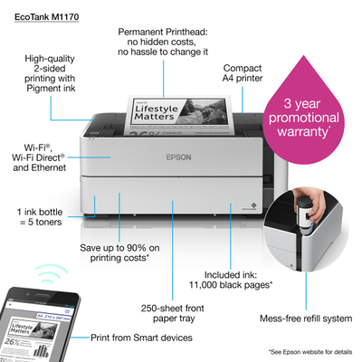 Printer inkjet Epson EcoTank M1170, bardh e zi, 20 faqe në minutë, i bardhë