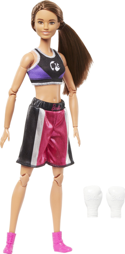 Kukull Barbie Made to Move Boxer brunete, artikulim i plotë, doreza boksi, shumëngjyrëshe