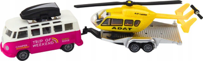 Lodër makinë off road Metal Drive me rimorkio dhe varkë ose helikopter, mekanizëm me fërkim, metalike, shumëngjyrëshe