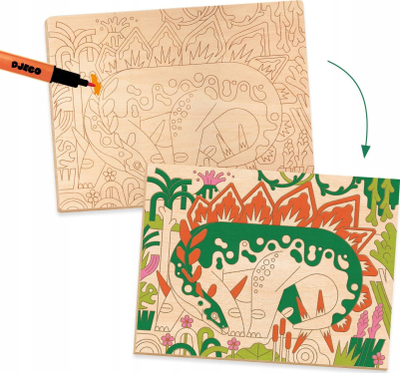 Set pikturimi në dru Djeco Dinos, 3 tabela, 7 markera me majë furçe, shumëngjyrësh