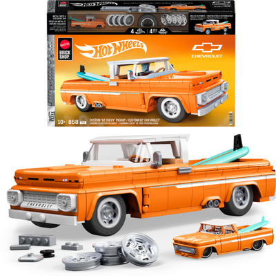Set ndërtimi Mattel Hot Wheels Brick Shop Custom 62 Chevy Pickup, 858 copa, shkalla 1:16, shumëngjyrësh