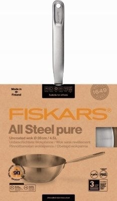 Tigan wok Fiskars, 28cm, çelik inox, argjendtë