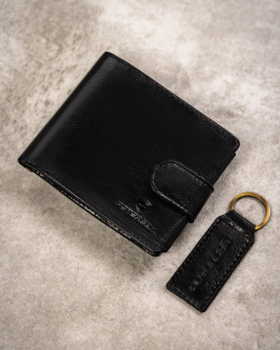 Set portofol dhe varëse çelsash Peterson Wallet Keyring, lëkurë natyrale, RFID, i zi