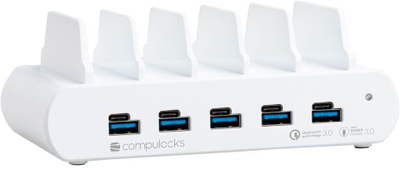 Stacion karikimi me shumë porta, 5x USB dhe USB C, prizë UK, i bardhë