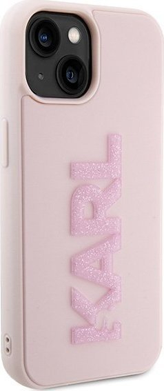 Mbulesë telefoni Karl Lagerfeld 3D Rubber Glitter Logo, për iPhone 15 Plus, silikon TPU PC, rozë