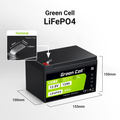 Bateri LiFePO4 Green Cell 12Ah, 12.8V, me BMS, gri