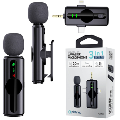 Mikrofon wireless lavalier Platinet 3 në 1, 2.4 GHz, Plug and Play, i zi
