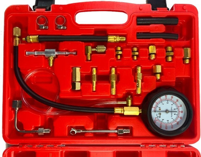 Set testimi kompresioni motori nafte Rockforce, manometër dyshkallësh, plot adaptera, i zi