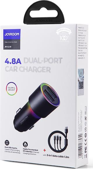 Karikues makine Joyroom JR-CL12, 24W 4.8A, 2 porta USB, me kabllo 3 në 1, i zi