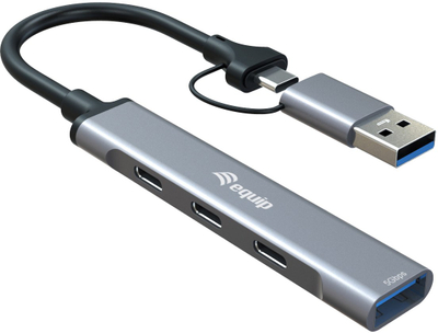 Hub USB Equip 128969, 3 porta USB C, 1 USB A, USB 3.2 Gen 1, gri