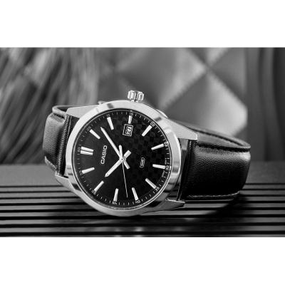 Ora dore Casio MTP-VD03L-1AUDF, analog, rrip lëkure, e zezë