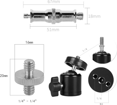 Set adapterësh foto video Mozos AMC, kokë me kugël 360°, vida 1/4" dhe 3/8", i zi