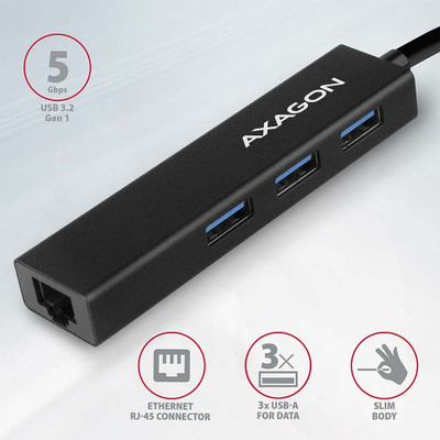 Мултипорт хаб AXAGON HMA-GL3A, USB 3.0 Тип A, Gbit LAN, 3x USB-A, читач на microSD, црн