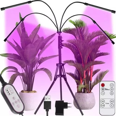 Dritë LED për bimë me tripod, 4 panele, rregullueshme, e zezë