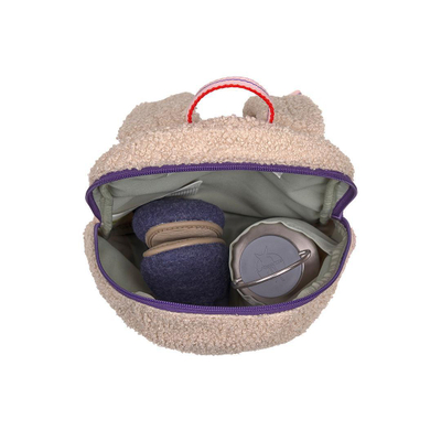 Çantë shpine fëmijësh Lassig Tiny Backpack Tiny Team Cat, dizajn mace, teddy fleece, bezhë