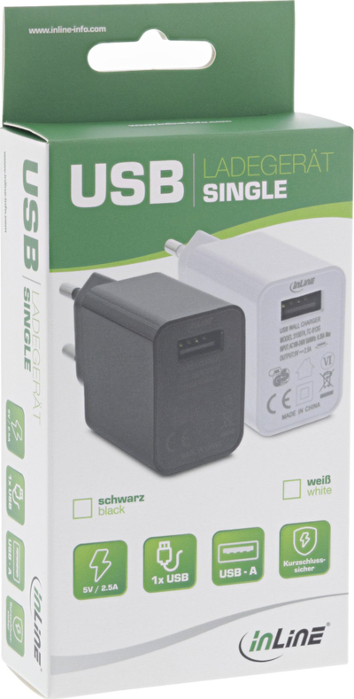 Adapter karikues USB InLine Single, 5V 2.5A, port USB i vetëm, i zi