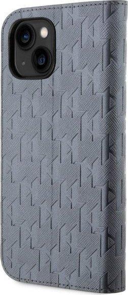Këllëf telefoni Karl Lagerfeld KLBKP14SSAKLHPG për iPhone 14, tip libër, Saffiano Monogram, argjendtë